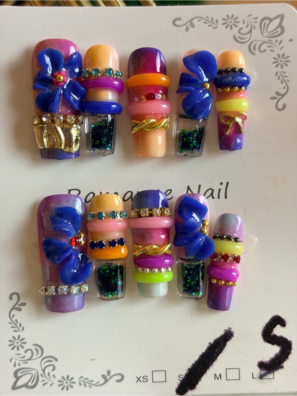 Hand-Painted 3D Flower Nail Art Water Nail Set - Blue & Purple